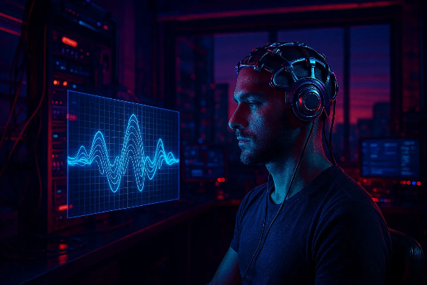 사이버 실험실에서 뇌파를 모니터링 중인 남성 모습