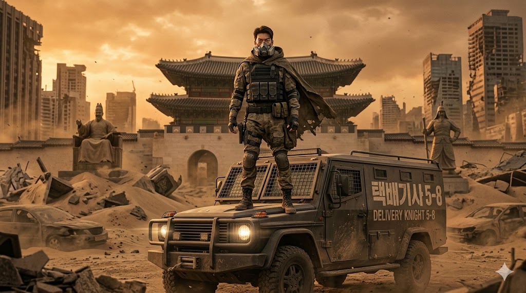 Kim Woo-bin as delivery knight 5-8 standing on top of a massive armored truck in a ruined, dust-covered futuristic Seoul.