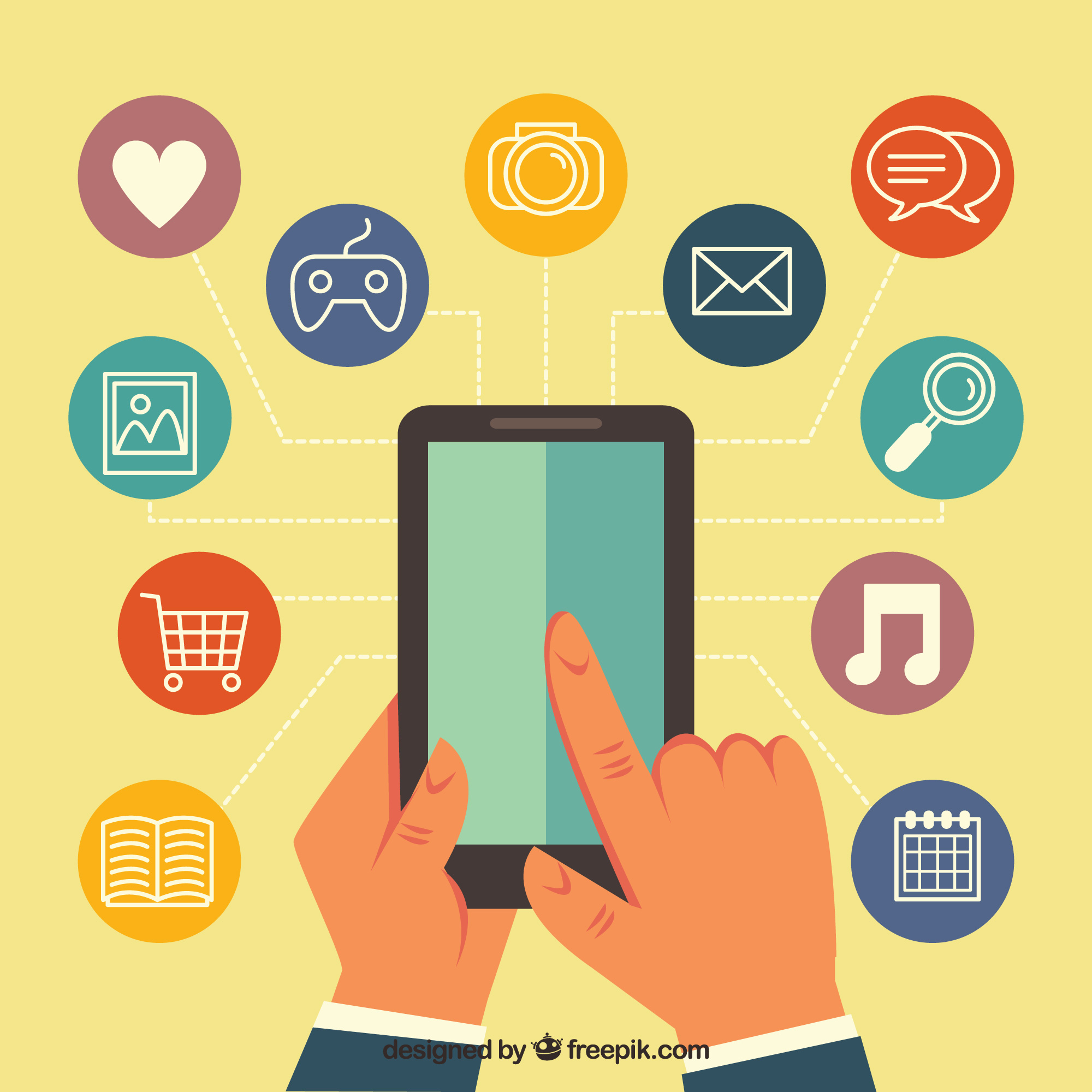 다양한 앱 아이콘이 떠 있는 스마트폰 화면을 들고 있는 손