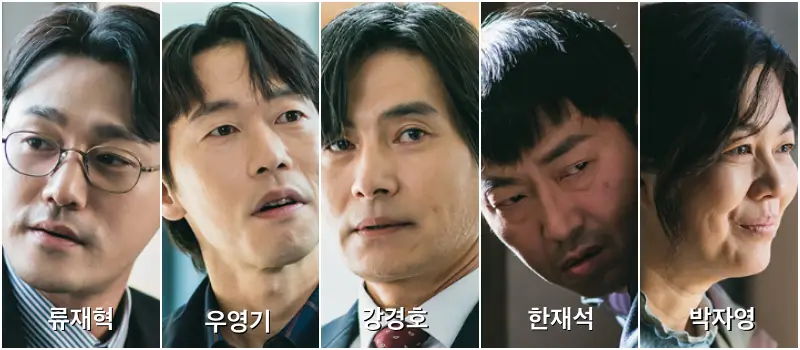 한무영측 인물들인 류재혁, 우영기, 강경호, 한재석, 박자영 단독사진 이어붙인 등장인물 사진