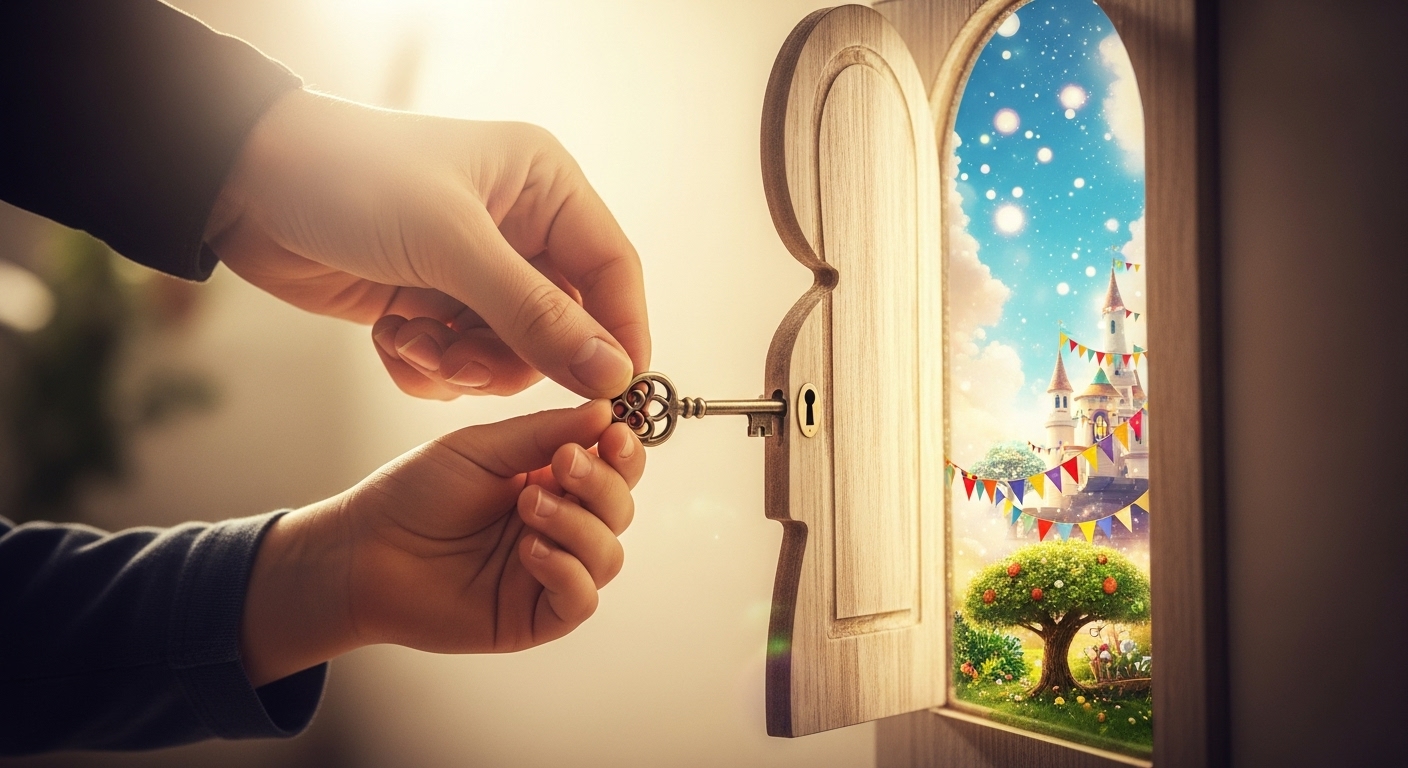 부모와 아이가 함께 열쇠를 들고 아이 모양의 문을 열고 있다. 문 너머에는 아이의 무한한 내면세계가 펼쳐지며, MBTI가 아이를 이해하는 열쇠가 됨을 상징한다.
