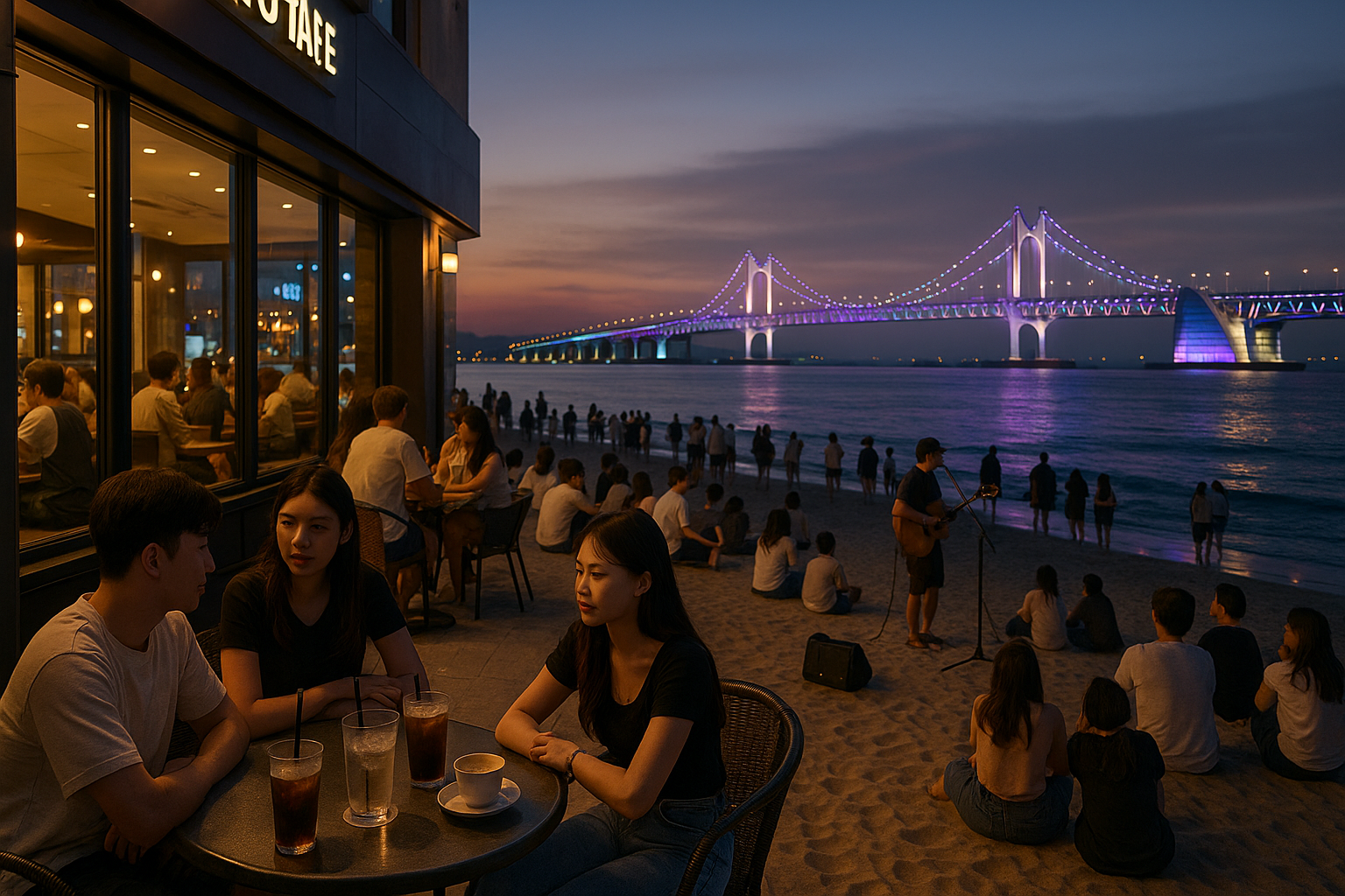 부산 광안리 해변의 카페 앞에서 여유를 즐기며 광안대교 조명과 해변 버스킹을 함께 감상하는 풍경