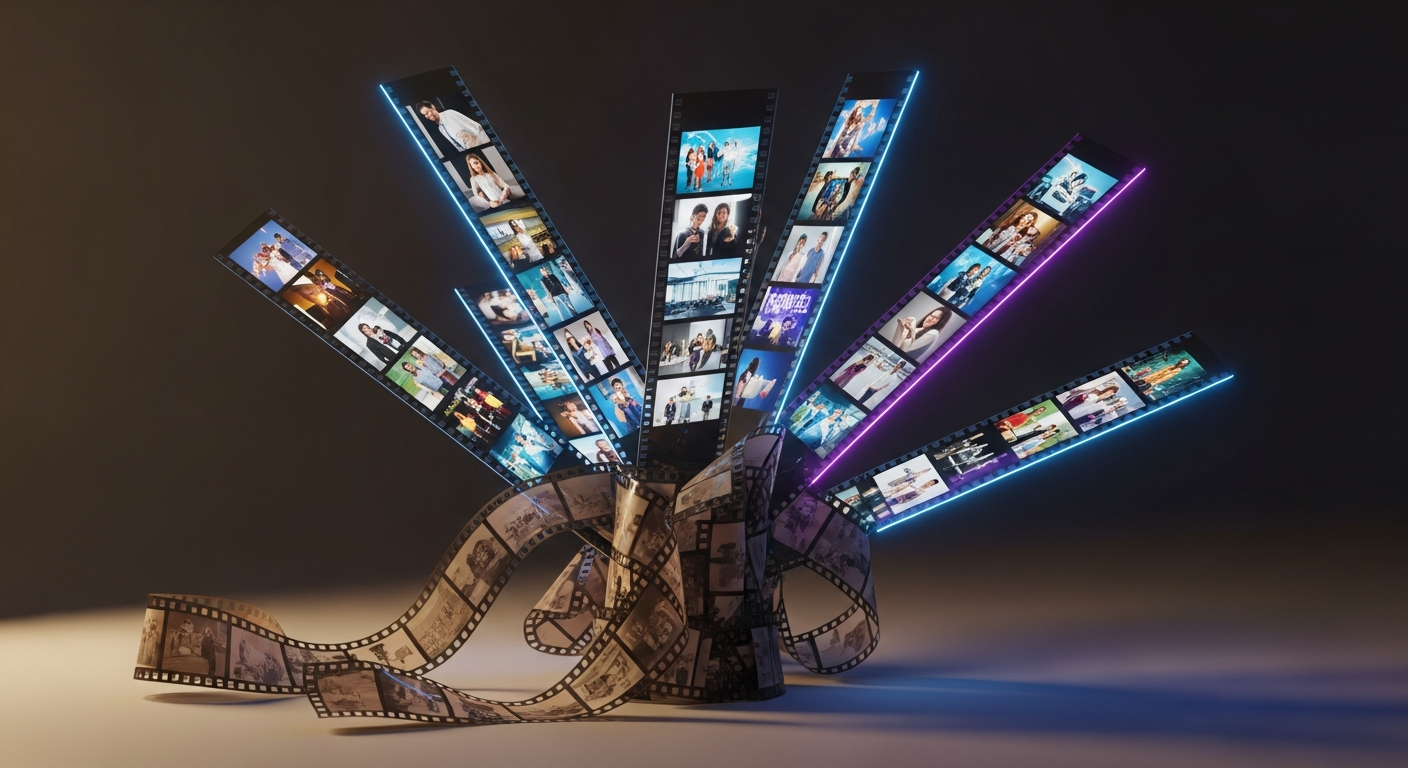 오래된 필름 스트립이 나무줄기처럼 뻗어 나가 여러 개의 새로운 디지털 필름 가지를 만들어내는 이미지