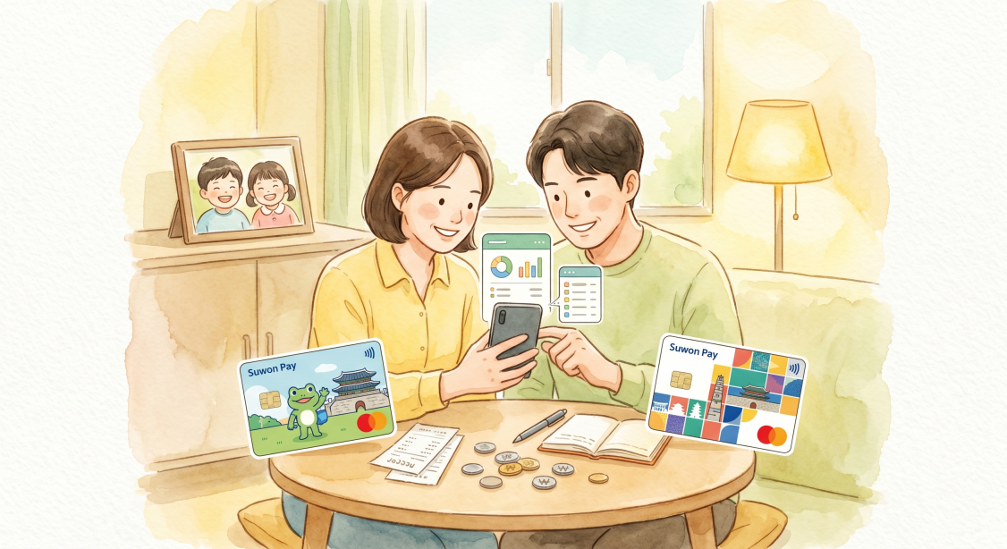 부부 합산 및 지역화폐 카드를 활용해 생활비를 절약하는 가족의 모습