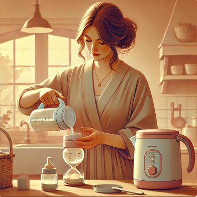 분유포트를 이용하여 분유를 타고 있는 엄마의 모습 관련 사진