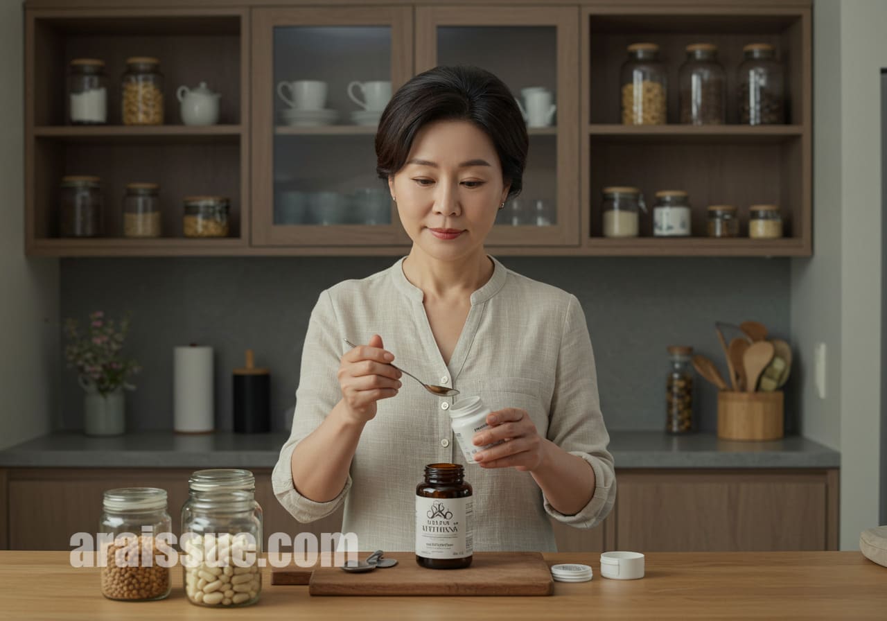 현대적인 주방에서 영양제를 정확하게 계량하는 50대 한국 여성. 깔끔하고 세련된 서양식 주방 배경에서 영양제 복용의 중요성을 강조합니다.