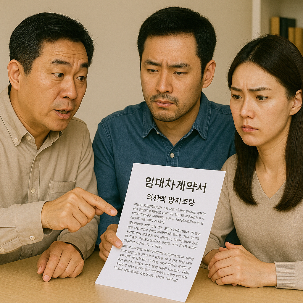 임대인이 임차인 부부에게 계약서 조항을 설명하며 손짓하고 있는 장면