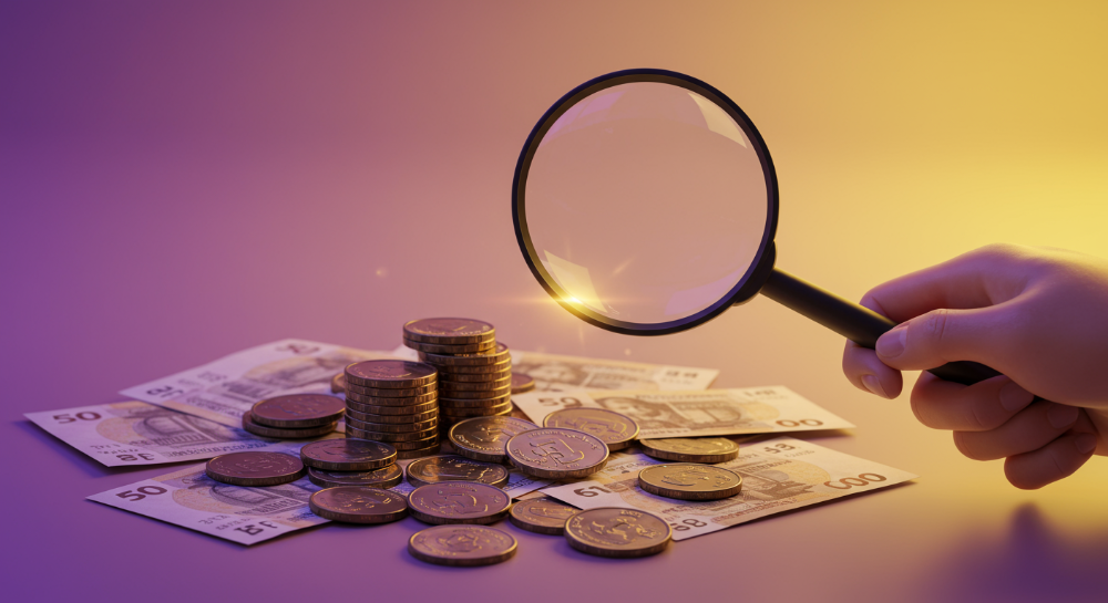 확대경으로 환급금을 찾아보는 사람이 쌓여 있는 동전과 지폐를 들여다보는 모습.