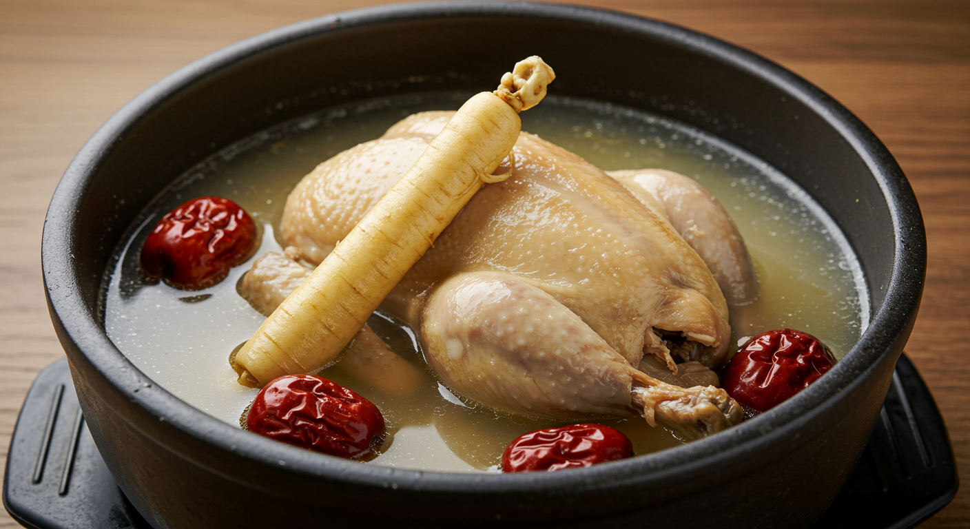 삼계탕과 인삼, 대추가 담긴 한 그릇