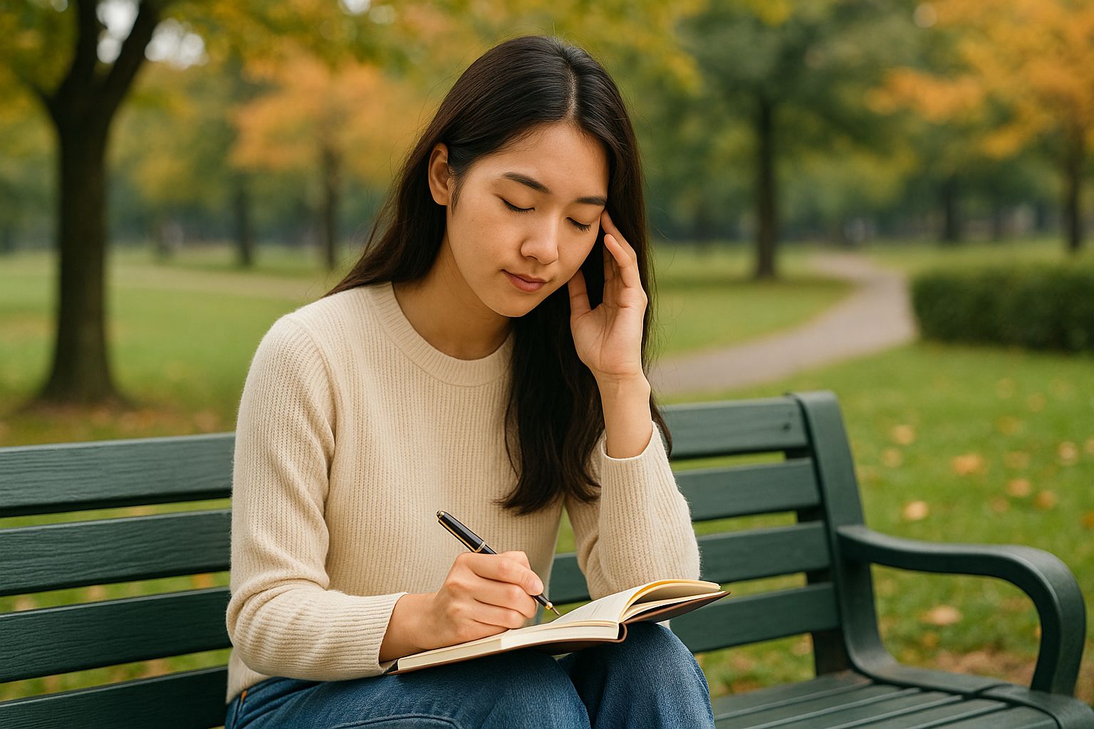 공원 벤치에 앉아 감정일기를 쓰는 모습