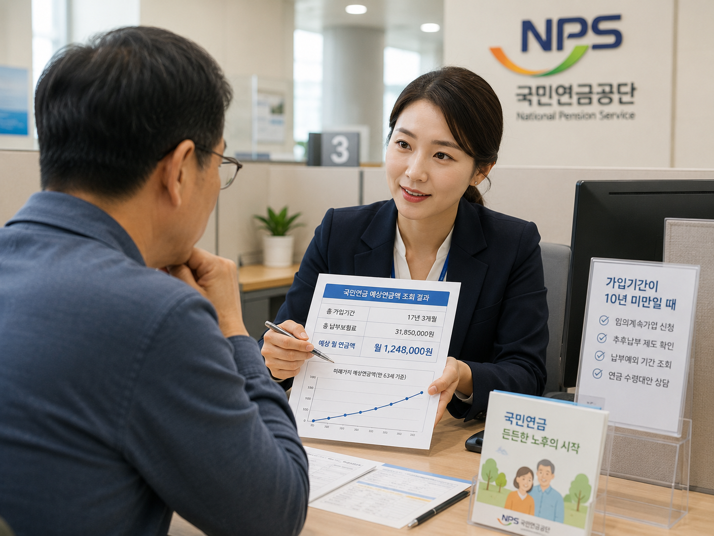 국민연금공단 상담실에서 가입기간 부족분을 상담받는 장면
