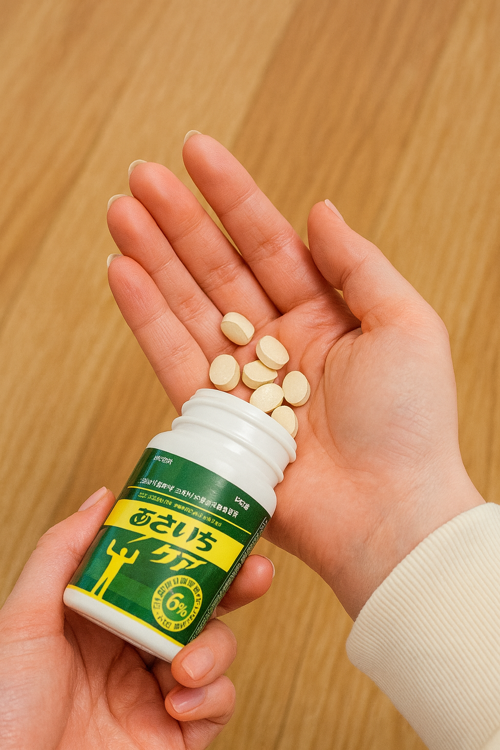 여성이-손바닥에-아사이치케아-약을-쏟고-있습니다.