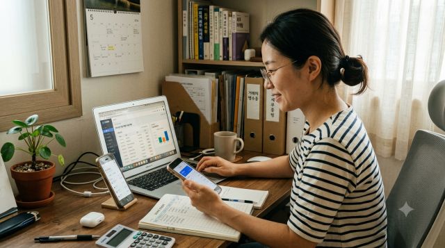 개인사업자가 노트북으로 머니핀 회계장부와 사업 매출 및 지출 내역을 확인하는 모습