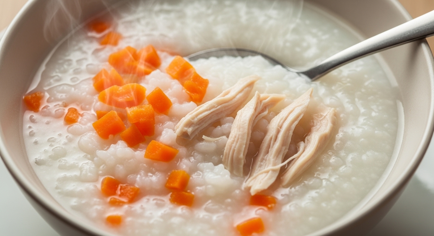 갑상선암 수술 후 초기 회복기에 적합한 부드러운 죽과 으깬 채소, 부드러운 살코기로 구성된 식사.