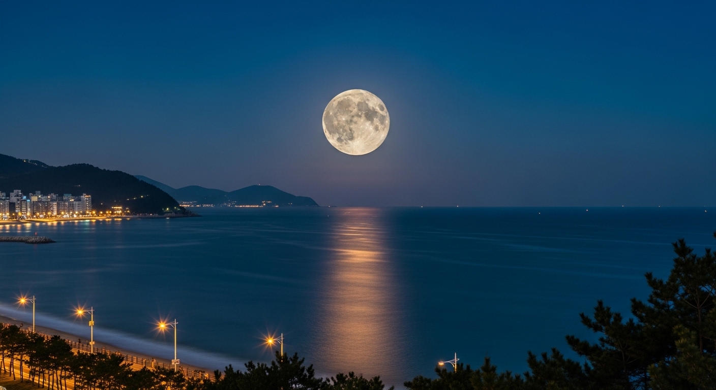 2026년 정월대보름, 보름달이 비추는 아름다운 부산 해운대 달맞이고개의 밤 풍경.