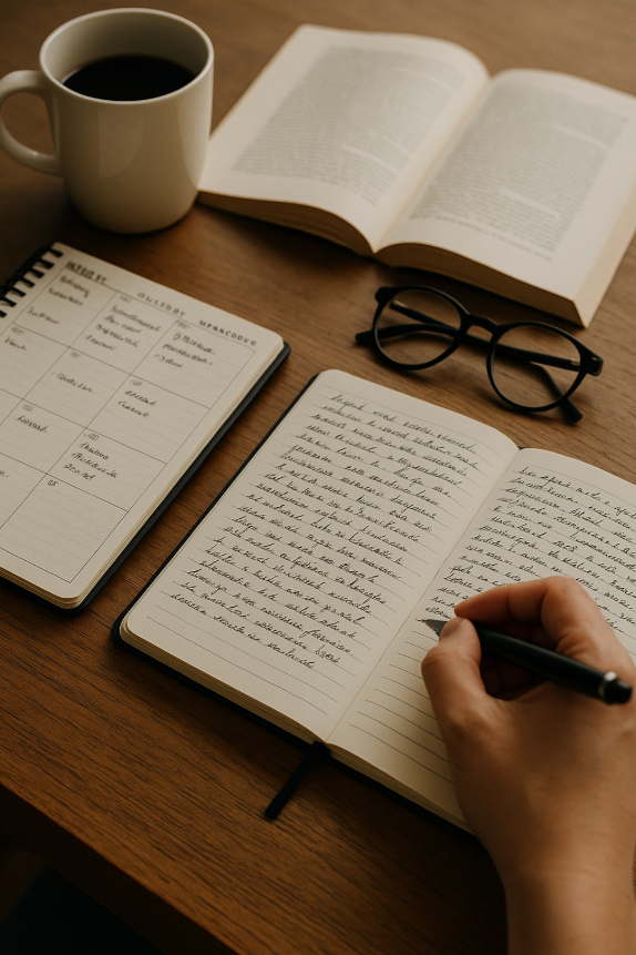 스마트폰이나 디지털 기기 없이, 집중력 있게 아날로그 방식으로 계획을 세우는 모습을 표현한 이미지