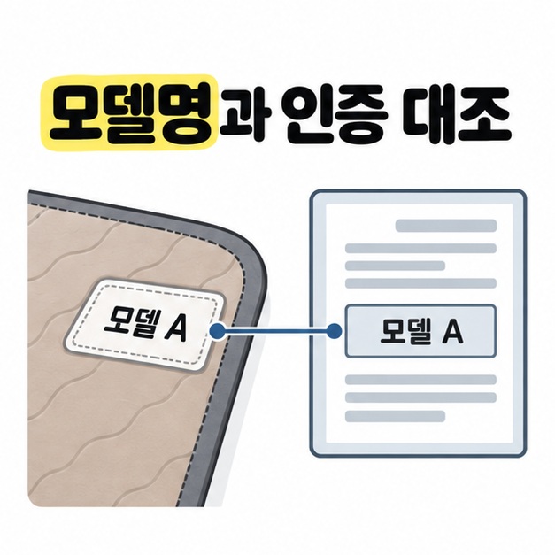 모델명과 인증 대조 문구 아래에 전기매트 라벨과 인증 정보 카드의 모델 A 표시를 연결해 같은 모델인지 확인하는 그림