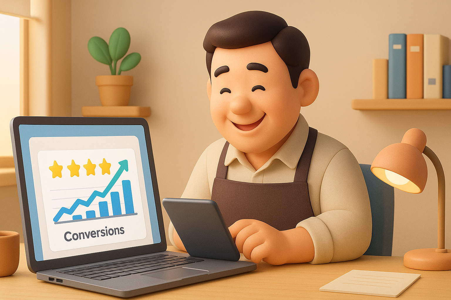 식당 사장님이 노트북으로 광고 성과 보고서를 보며 만족스러운 표정을 짓고 있다.