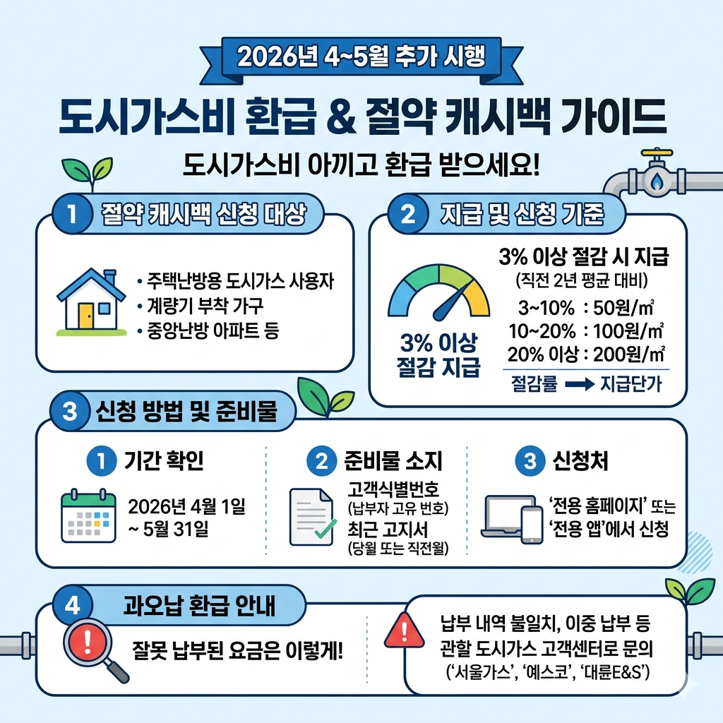 도시가스비 환급 신청 방법 총정리|도시가스 절약 캐시백 대상·기간·지급액 인포그래픽