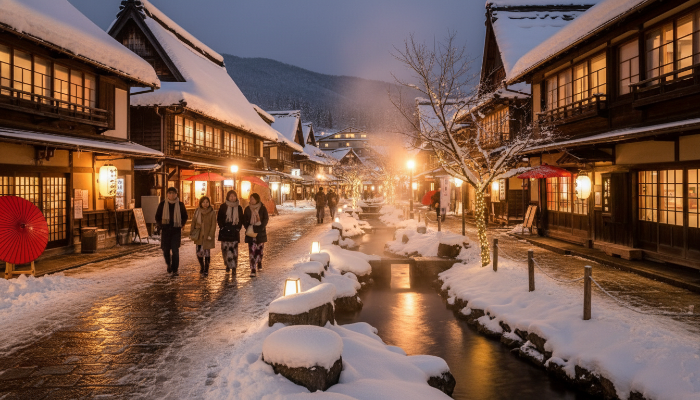 겨울 새벽, 물안개 자욱한 유후인 긴린코 호수의 몽환적이고 평화로운 풍경.
