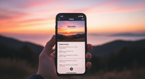 노을 아래 스마트폰 화면을 보는 모습