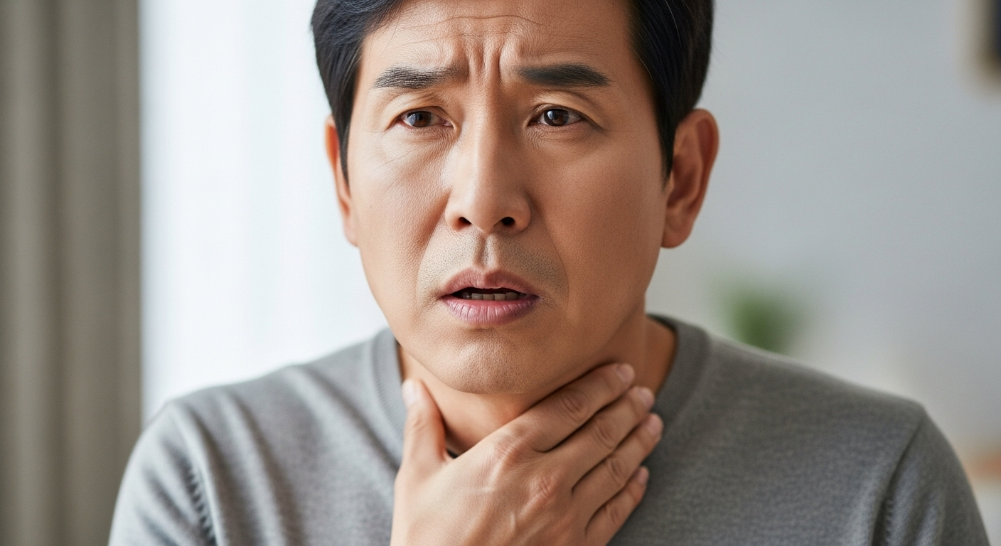 말을 하며 쉰 목소리로 불편해하는 중년 남성