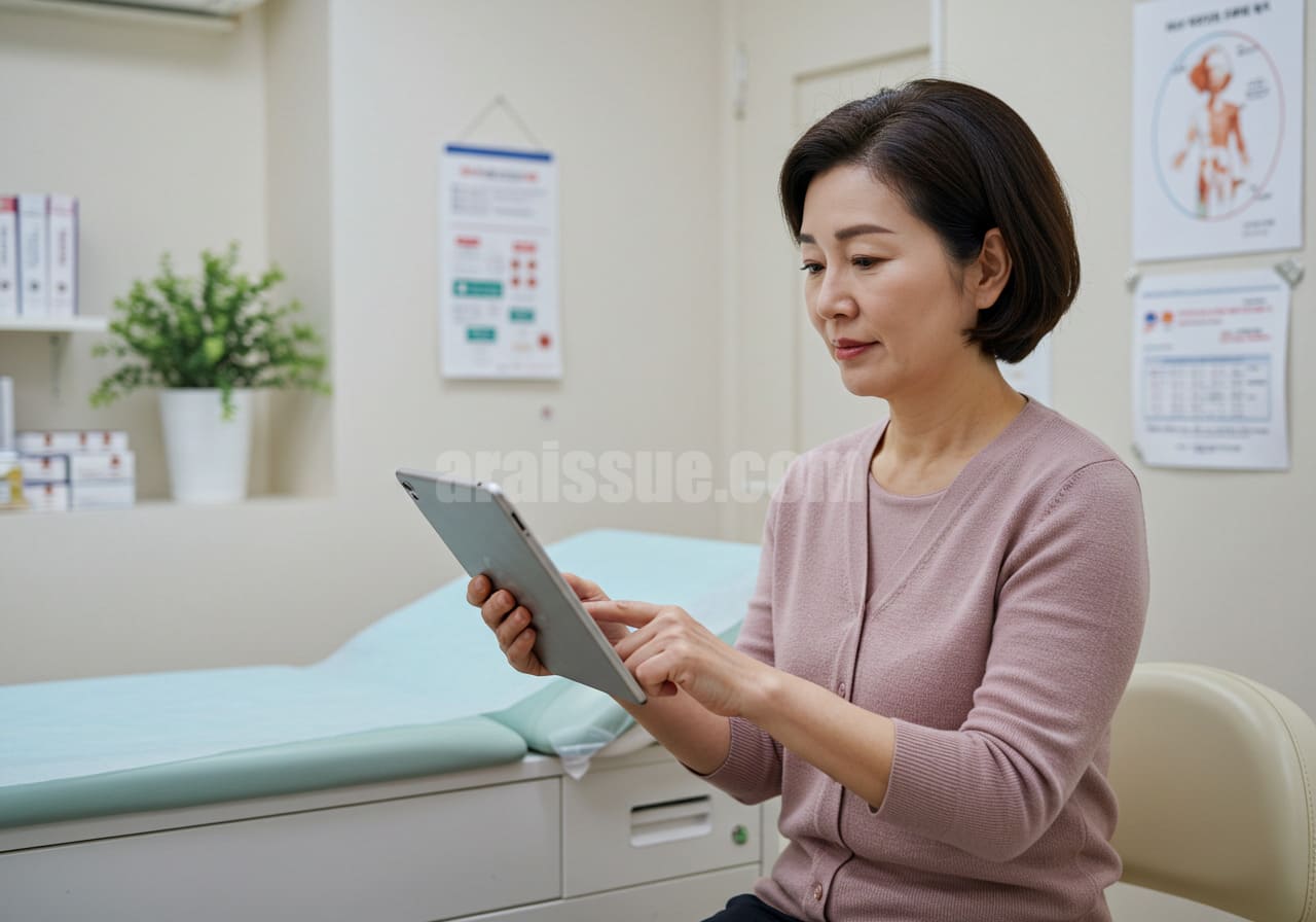 한국 중년 여성이 병원 검진실에서 태블릿으로 디지털 문진표를 작성하는 모습. 밝고 깔끔한 진료 환경에서 차분한 표정으로 문진을 진행하는 장면입니다.