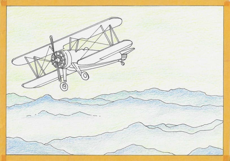 비행기를 빼고 하늘은 노란색으로 산능성이는 파란색으로 바탕을 칠한 그림