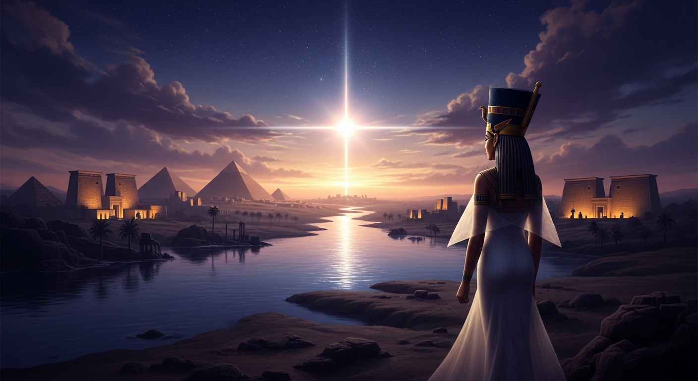 An epic and mystical ancient Egyptian night scene.