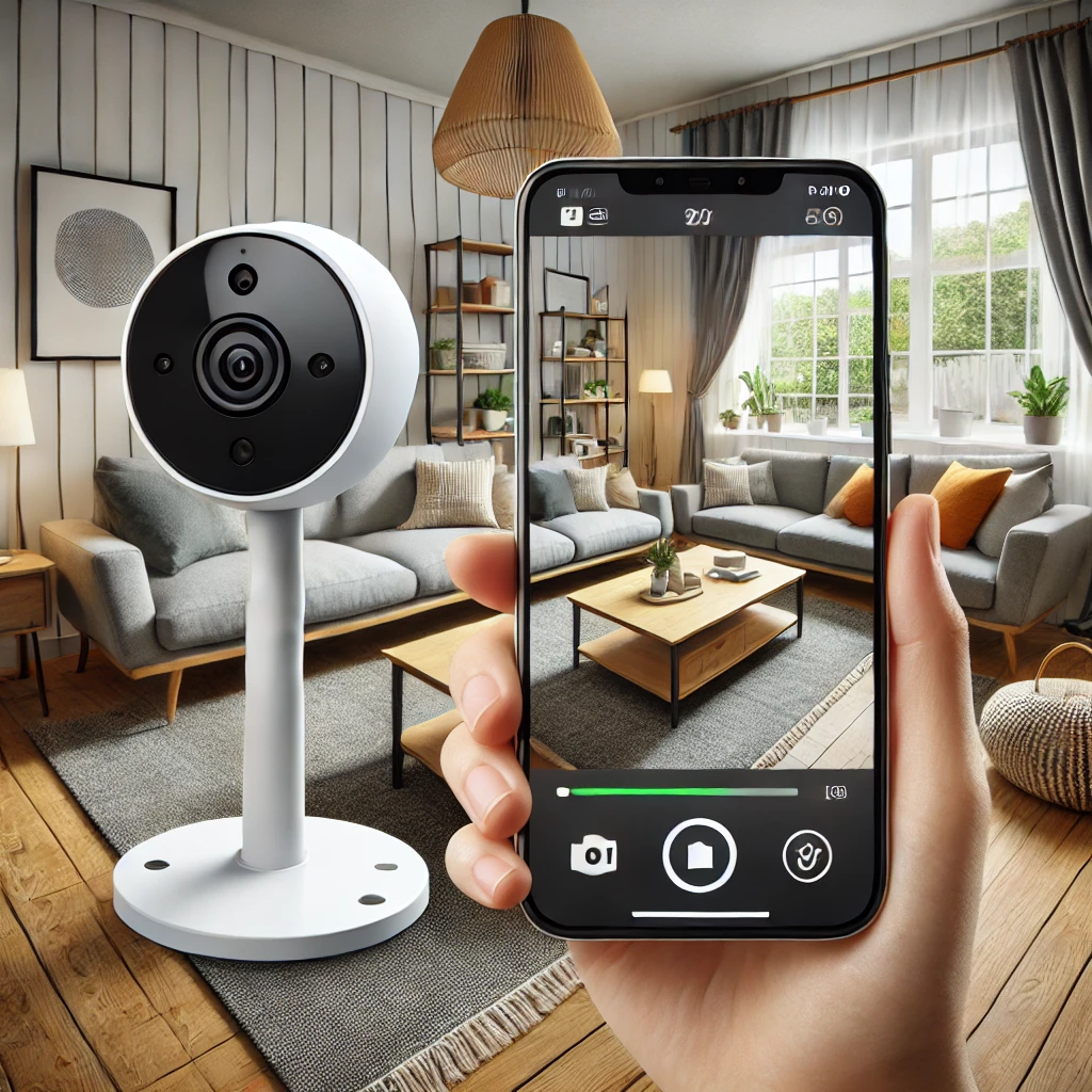 거실 모퉁이에 배치된 스마트 홈 보안 카메라&amp;#44; 스마트폰에서 실시간 영상을 표시하며 넓은 시야를 제공&amp;#44; 아늑한 가구와 커피 테이블&amp;#44; 커튼이 있는 큰 창문이 배경으로 보임