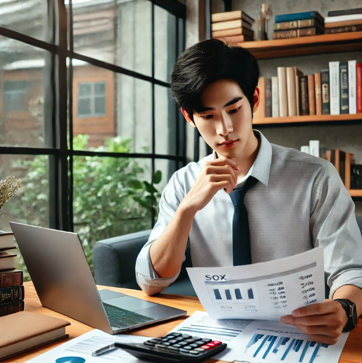 자영업을 운영중인 젊은 남성이 사업 재무를 관리하는 모습