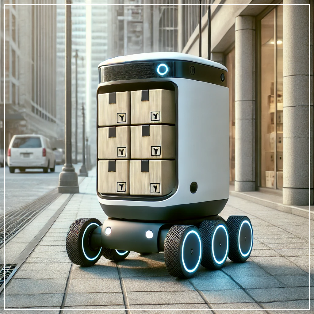 도심 보도를 따라 자율적으로 이동하며 소포를 배달하는 무인 배송 로봇.