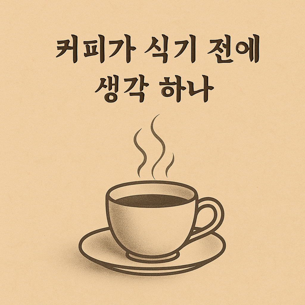 아침 커피가 놓인 테이블 위에서 조용히 생각에 잠긴 순간을 담은 감성 에세이 이미지