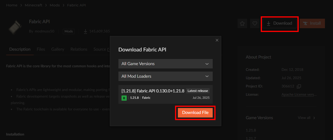 마인크래프트 Fabric API 설치 방법