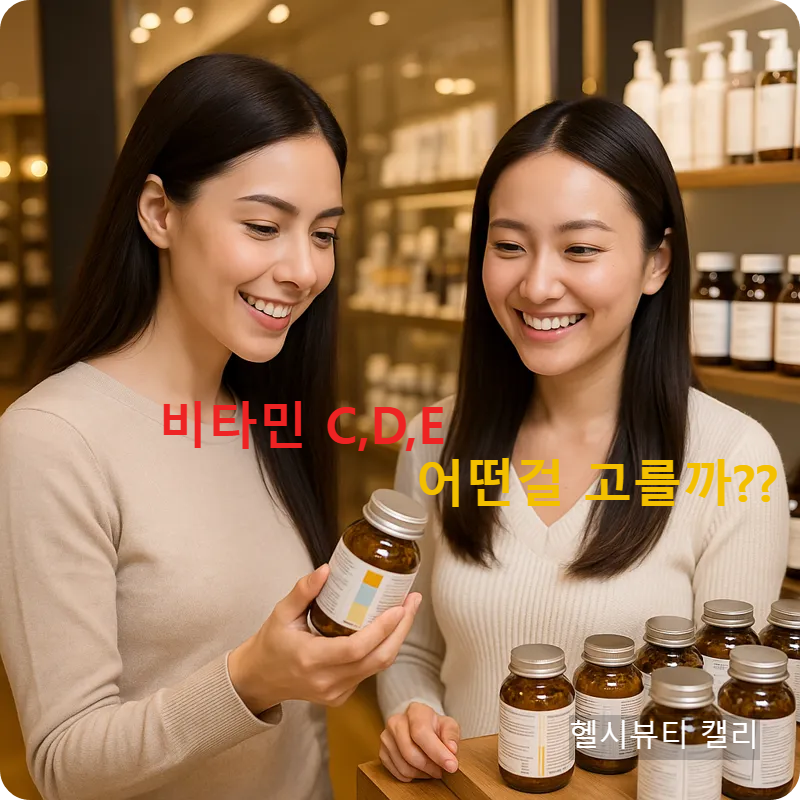 샵에서 비타민을 고르는 젊은 여성 두 명이 환하게 웃고 있는 모습