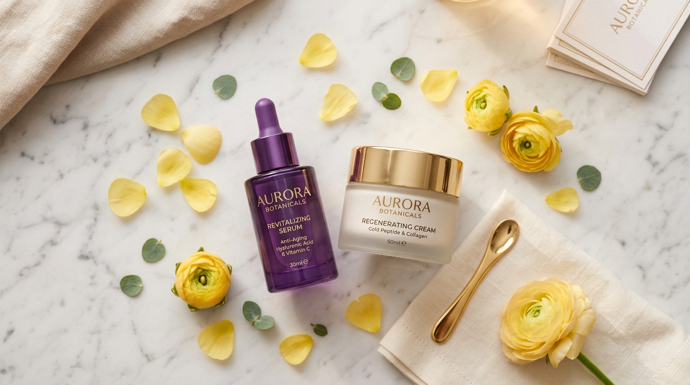 A luxurious and clean flat lay photography of premium anti-aging skincare products. A purple serum bottle with a dropper, a gold-capped cream jar, and fresh yellow flower petals are elegantly arranged on a smooth white marble background. Soft and warm studio lighting, 8k resolution, cinematic aesthetic, creating a sophisticated and professional beauty blog mood