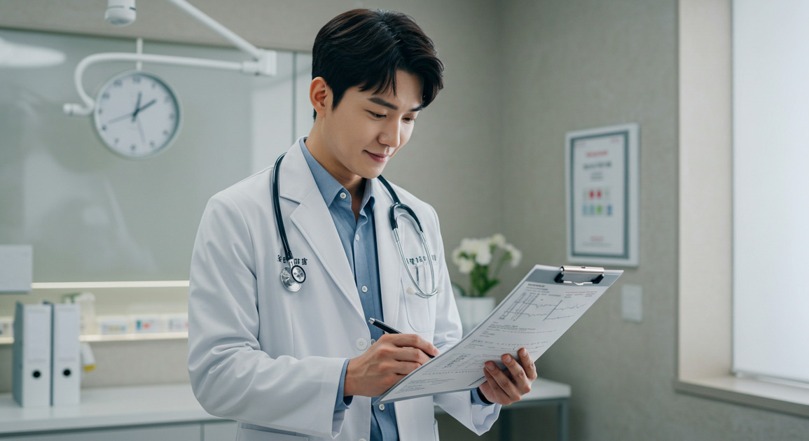 간 기능 검사 결과 보고 있는 남성 의사 이미지