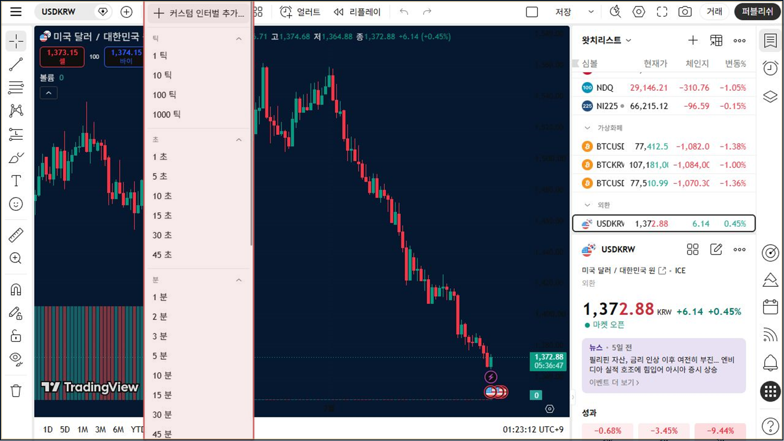 트레이딩뷰에서 자주 사용하는 시간봉을 즐겨찾기에 추가하는 방법