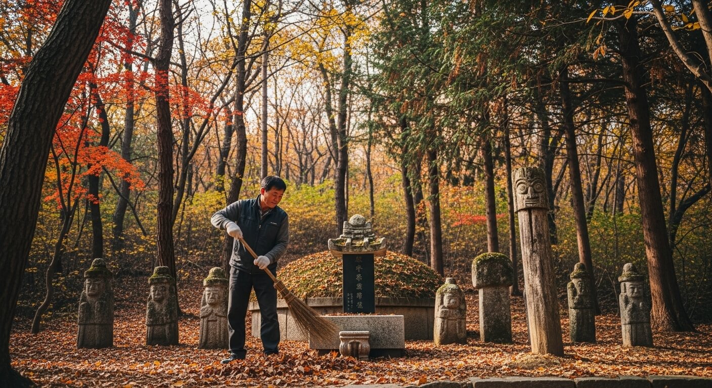 가을 숲속 묘역에서 빗자루로 낙엽을 쓸고 있는 남성