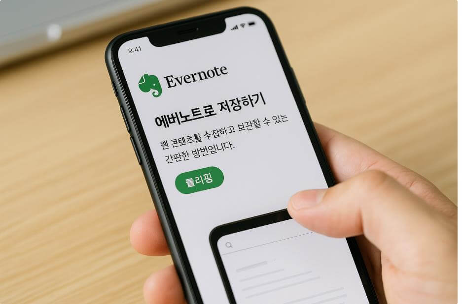 에버노트 앱에서 웹 콘텐츠 저장 기능 실행 화면