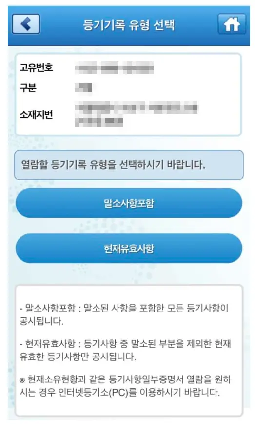 현재유효사항-또는-말소사항포함-중-선택하는-화면