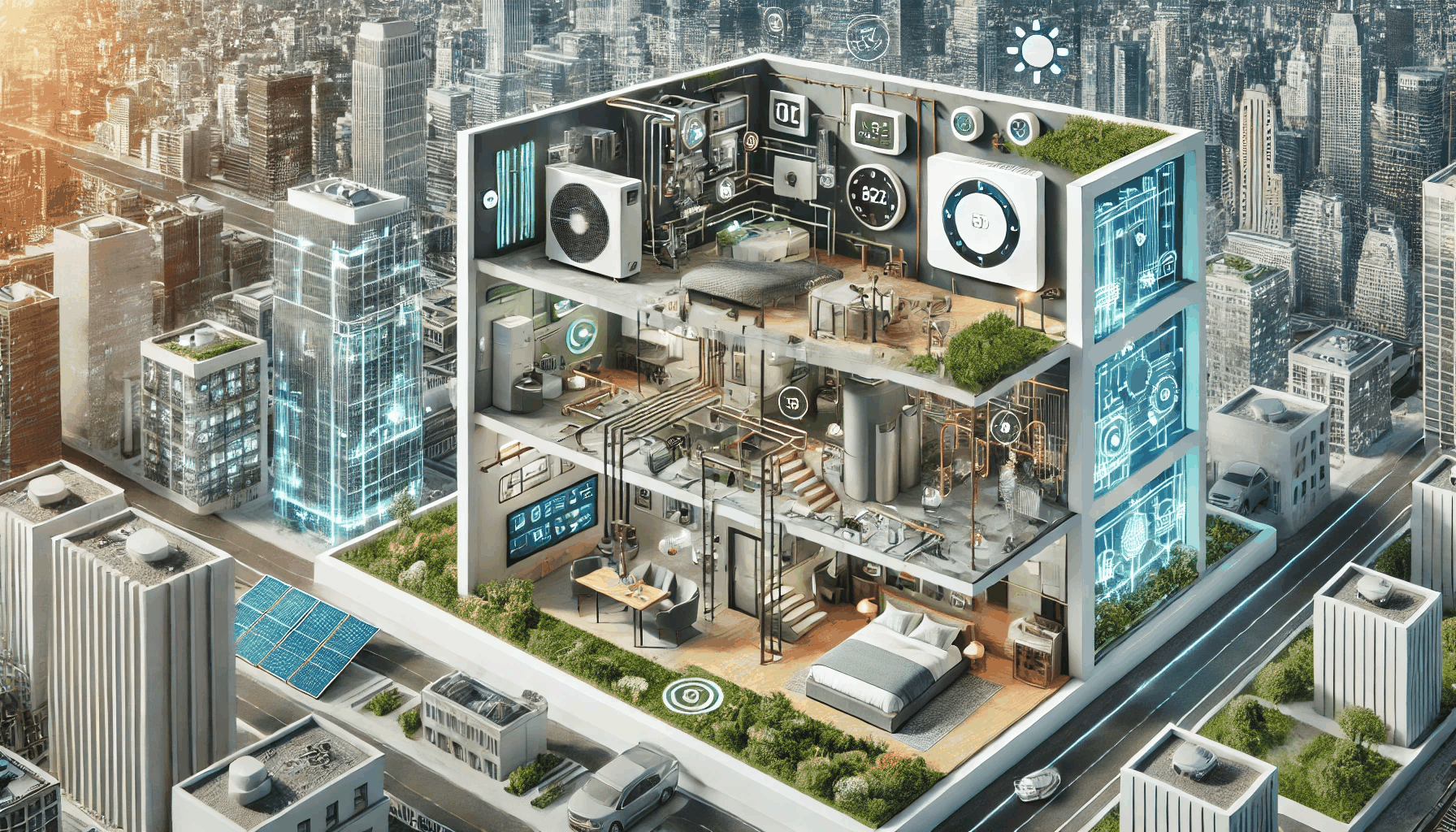 효율적인 냉난방 설비 설계를 보여주는 현대적인 건물 내 스마트하고 친환경적인 시스템 이미지