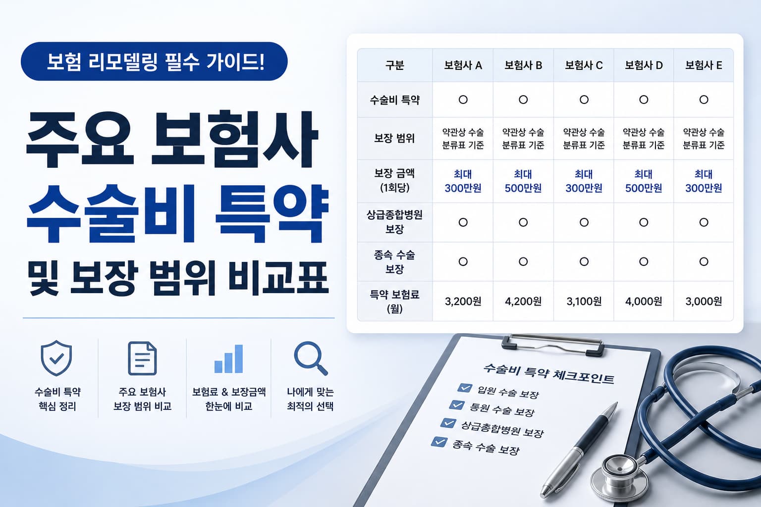 보험 리모델링과 주요 보험사 수술비 특약 보장 범위 비교를 주제로 한 깔끔한 썸네일. 보험 비교표, 체크리스트, 청진기 이미지가 포함된 전문적이고 심플한 디자인.
