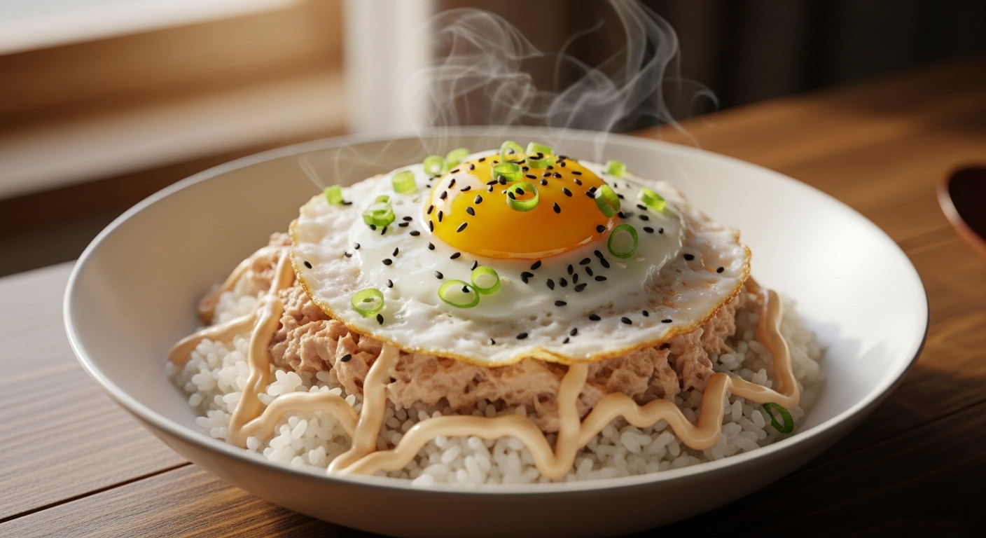 반숙 계란 프라이와 김가루, 파가 올려진 먹음직스러운 참치마요 덮밥이 현대적인 그릇에 담겨 있는 모습. 자취생을 위한 간단하고 맛있는 가성비 요리.