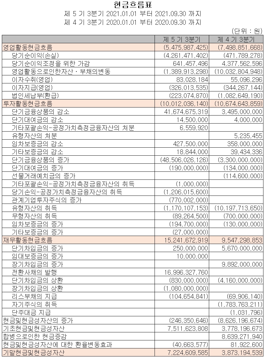 나인테크 현금흐름표 