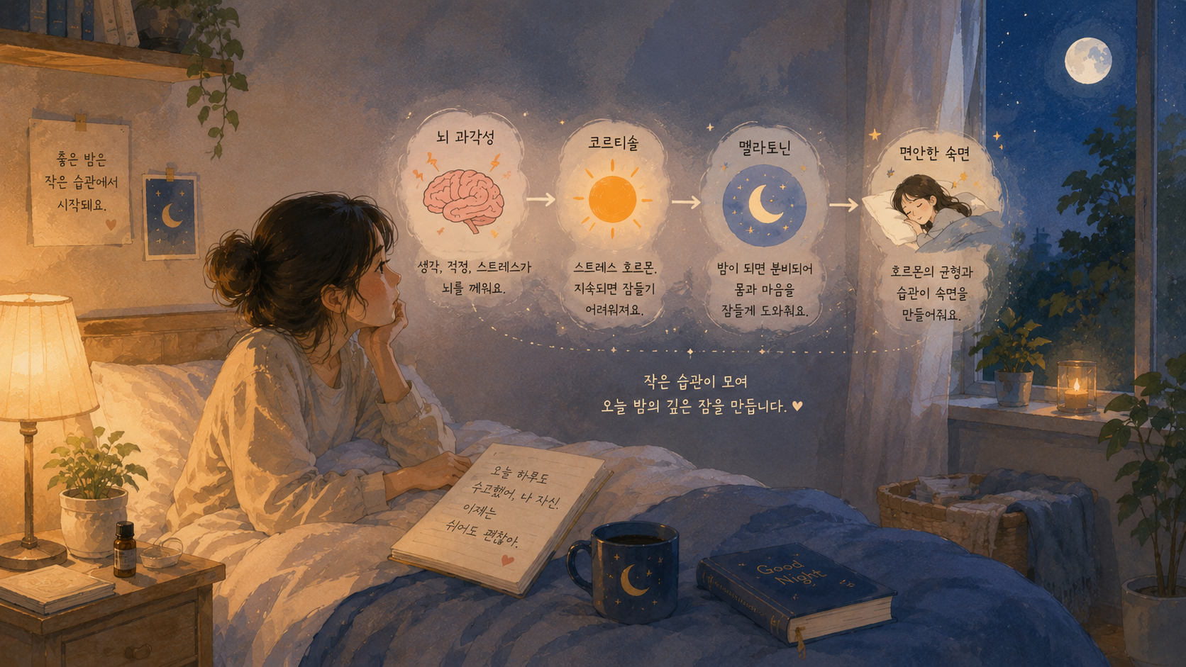 뇌 과각성과 코르티솔, 멜라토닌의 관계를 따뜻한 감성으로 표현한 숙면 일러스트