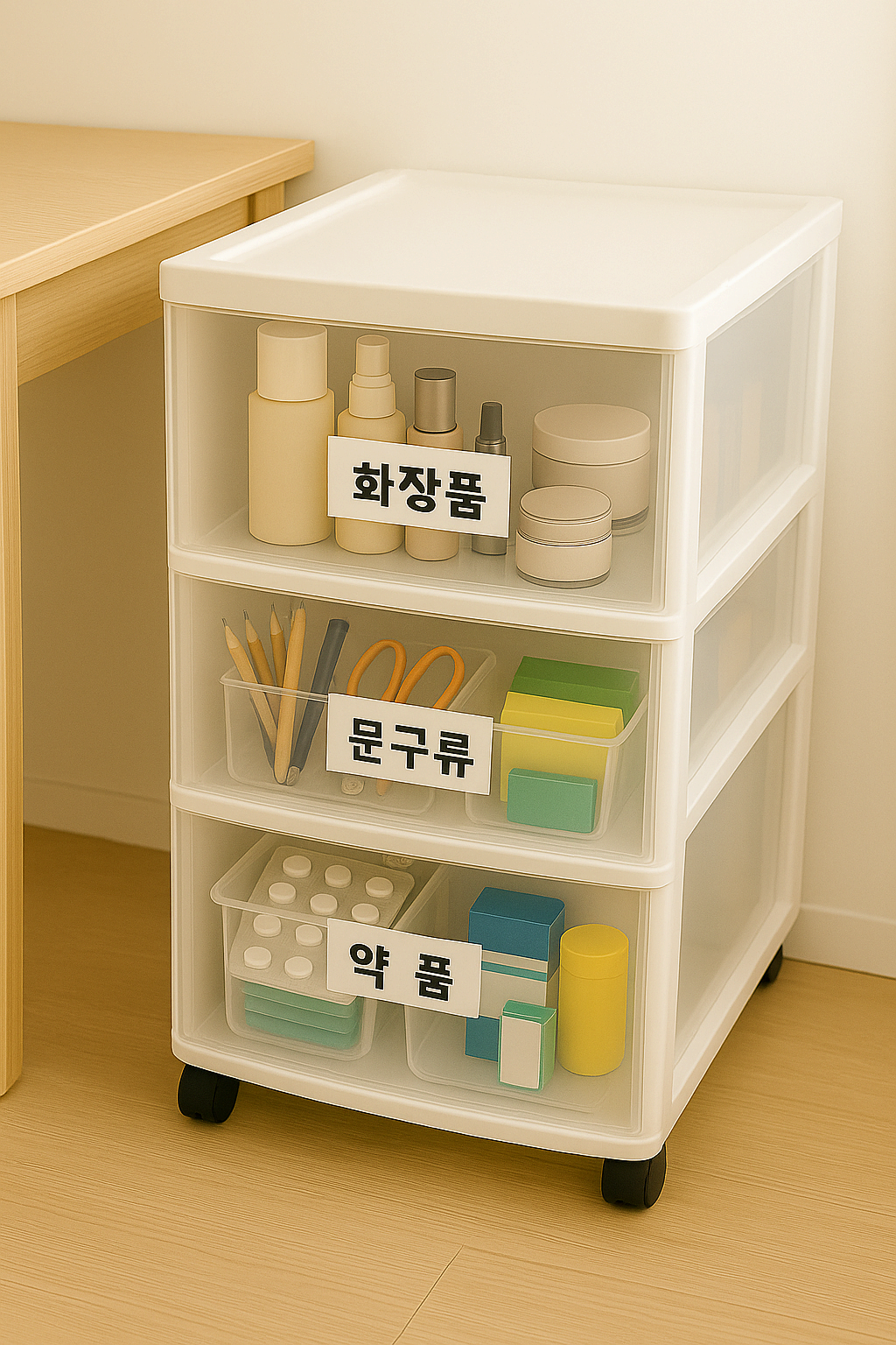 투명 플라스틱 서랍에 화장품과 문구류가 정리된 모습