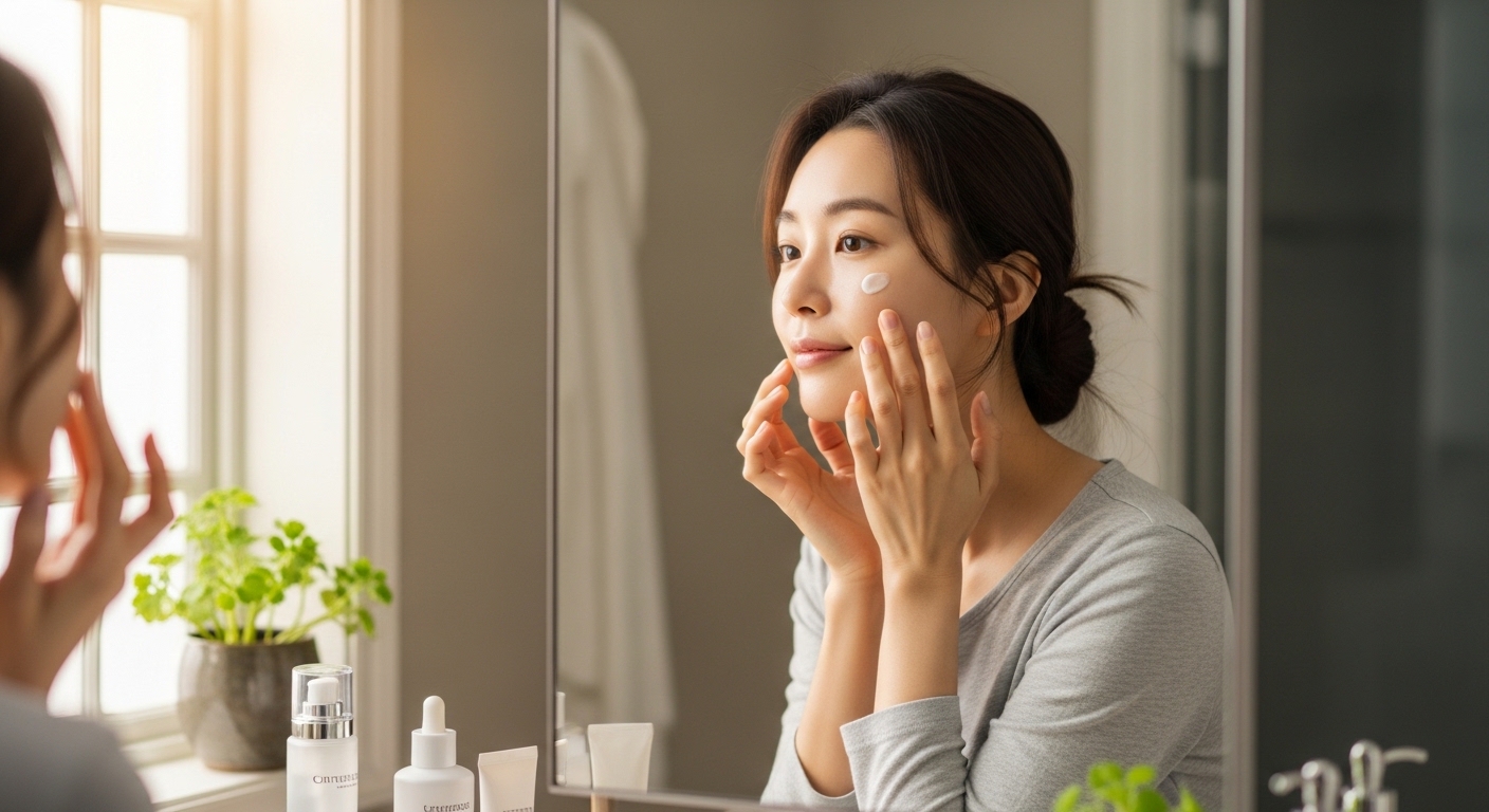 여성이-스킨케어-마지막-단계에서-보습크림을-얼굴에-부드럽게-펴-바르는-모습