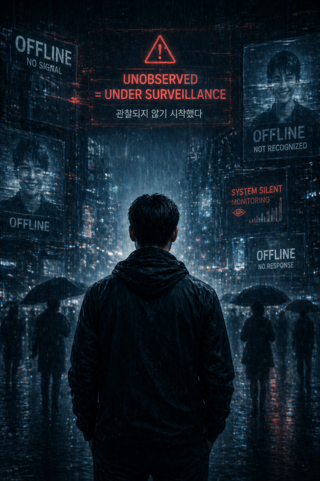 Dystopian sci-fi scene of a man standing alone in a rain-soaked city where surveillance disappears but control intensifies, with glitching “offline” signals and a warning “unobserved equals under surveillance,” representing invisible monitoring and emotional data suppression