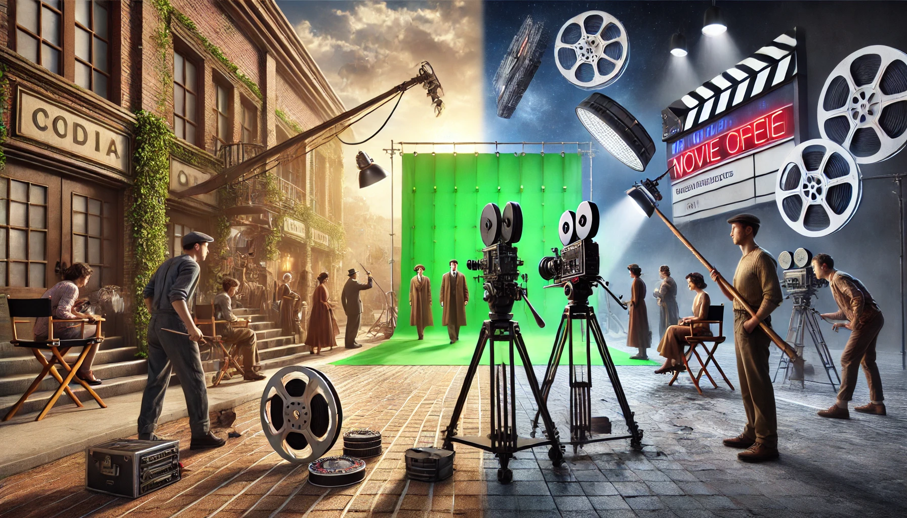 영화 촬영 세트장의 과거와 현재를 동시에 보여주는 사진